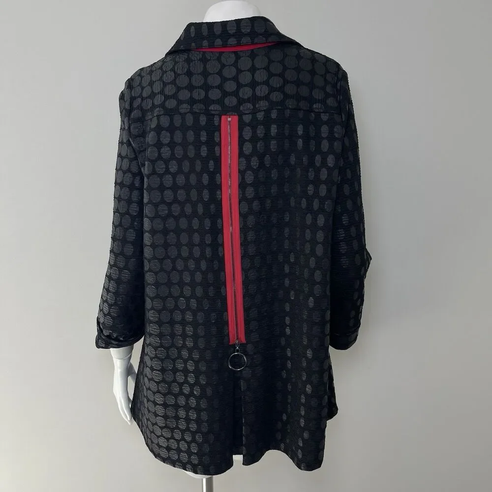 IC by Connie Mid Length Swing Light Jacket 10 Black Red Evening Office Artsy
